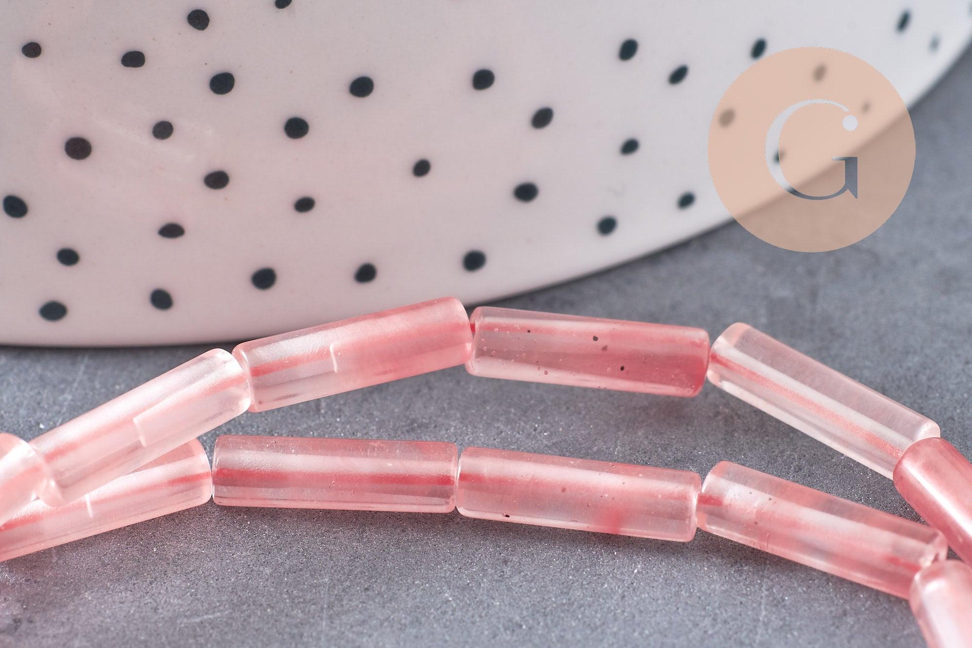 Perles tube quartz cerise verre 13mm, x1 fil de 37cm (G4159)