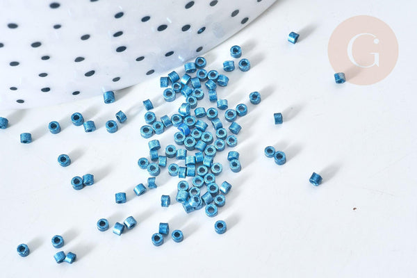 Perles tube verre bleu foncé métallisé mat façon Delica miyuki, x1 Sachet 8g (G7776)