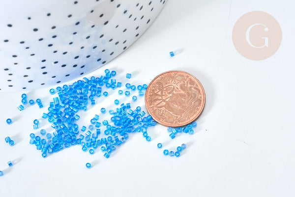 Perles tube verre bleu irisé transparent façon Delica miyuki, x1 sachet de 8g (G7782)
