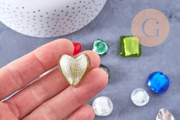 Perles verre murano formes et couleurs multiples, perles feuille argent, x10 (G0741)