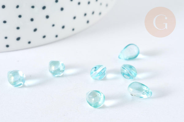Perles verre transparent goutte bleu ciel doré 9mm, verre, x10 (G7283)