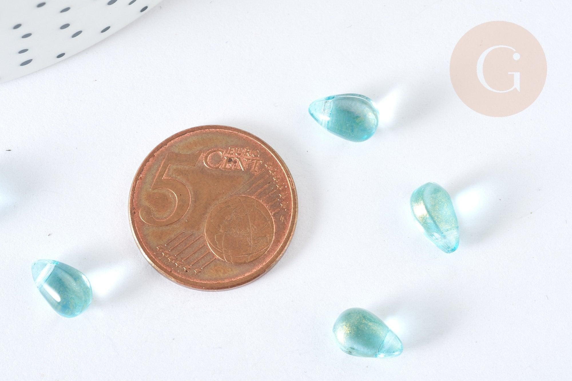 Perles verre transparent goutte bleu ciel doré 9mm, verre, x10 (G7283)