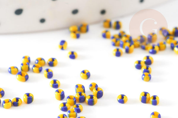 Petite Perle rocaille rayé jaune bleu,perle rocaille multicolore,perle multicolore,perle africaine,1.5x2mm, x 10gr (G2929)