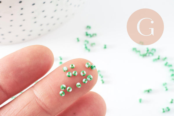 Petite Perle rocaille rayé vert blanc 1.5x2mm, x10gr (G9428)