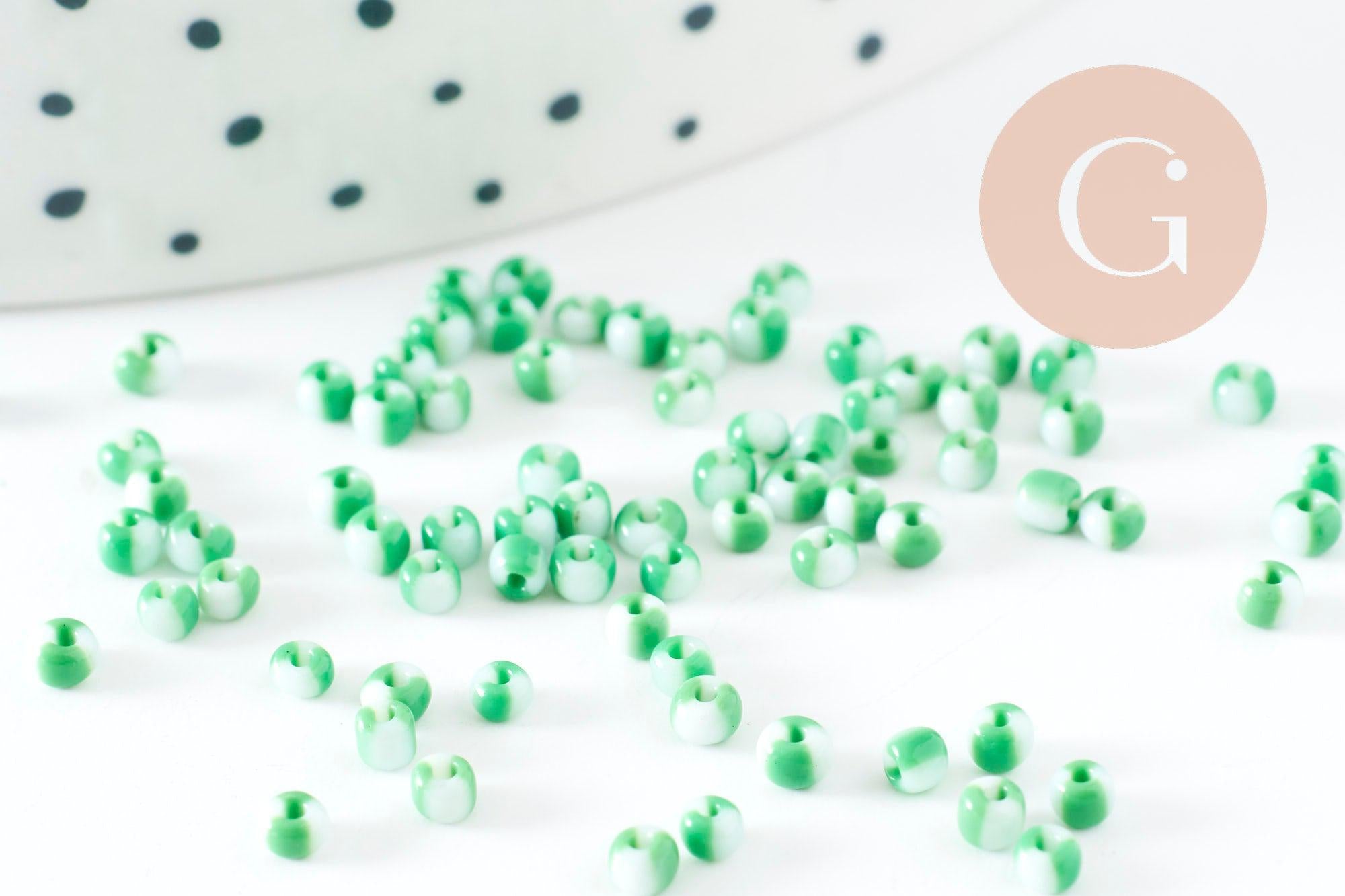 Petite Perle rocaille rayé vert blanc 1.5x2mm, x10gr (G9428)
