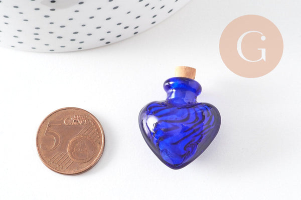 Petite bouteille en verre cœur bleu bouchon Liège 32.5mm, x1 (G1694)