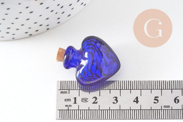 Petite bouteille en verre cœur bleu bouchon Liège 32.5mm, x1 (G1694)