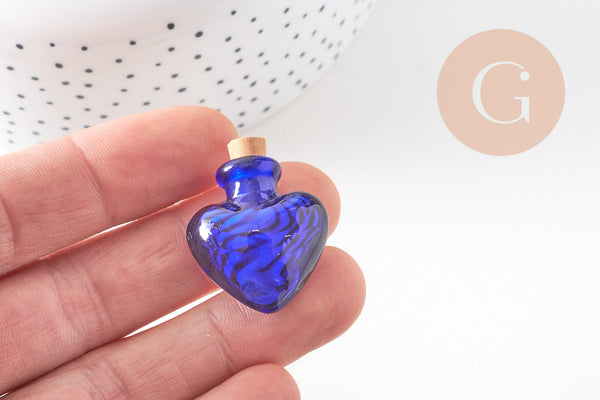 Petite bouteille en verre cœur bleu bouchon Liège 32.5mm, x1 (G1694)