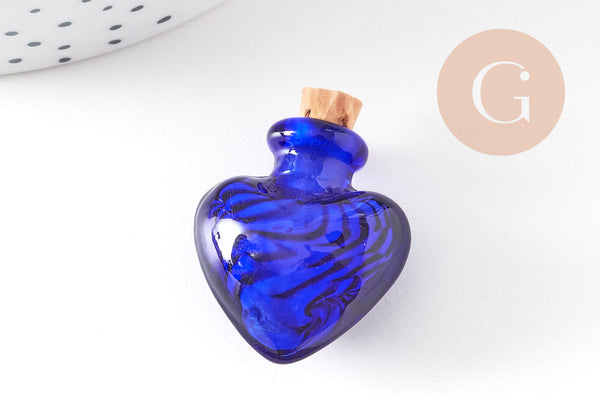 Petite bouteille en verre cœur bleu bouchon Liège 32.5mm, x1 (G1694)