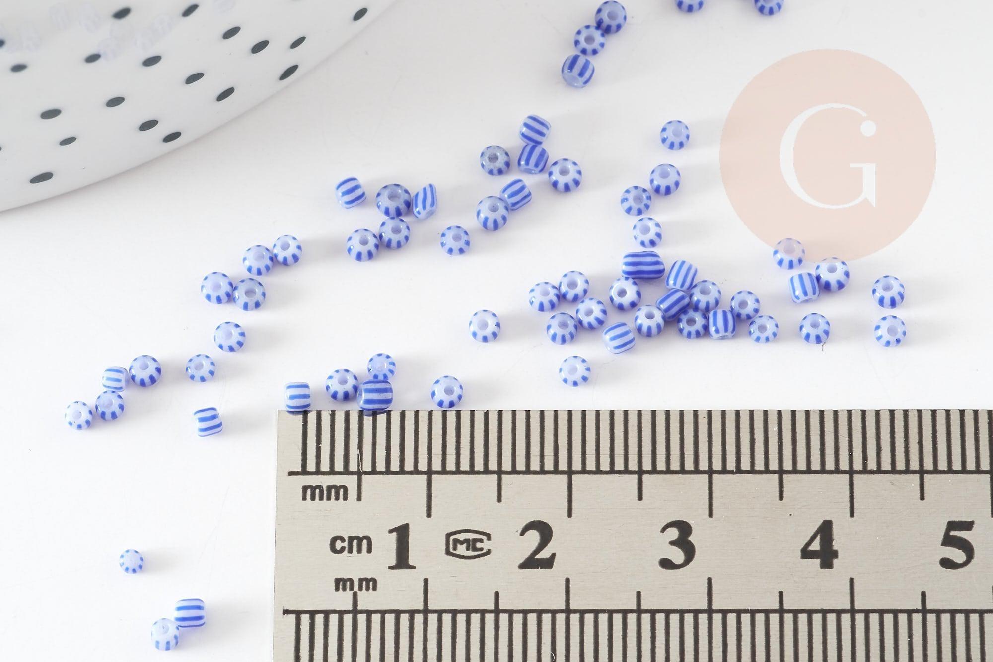 Petite perle rocaille rayé bleu blanc 1.5x2mm, x10 Gr (G9286)
