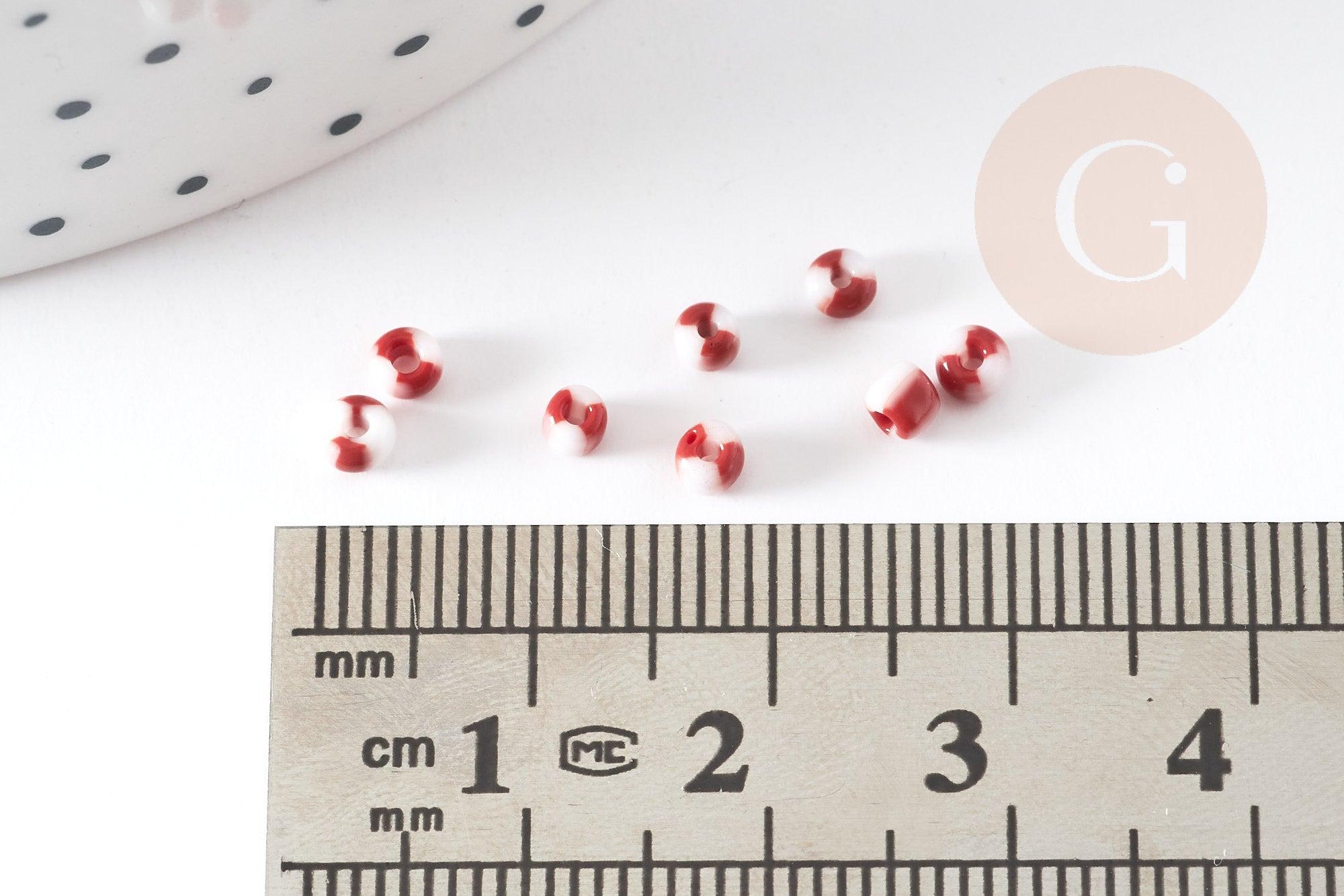 Petite perle rocaille rayé rouge blanc 1.5x2mm, x10g (G2670)