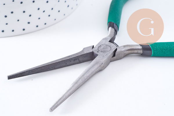 Pince plate long bec fabrication de bijoux acier support vert 14.2cm, x1 (G10650)