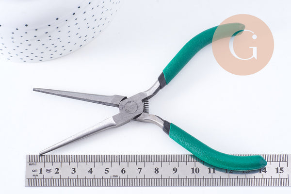Pince plate long bec fabrication de bijoux acier support vert 14.2cm, x1 (G10650)