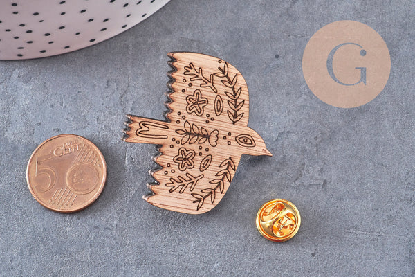 Pin’s Broche oiseau renard ours cœur bois 40mm, x1 (G11007)