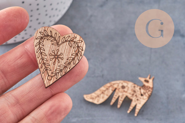 Pin’s Broche oiseau renard ours cœur bois 40mm, x1 (G11007)