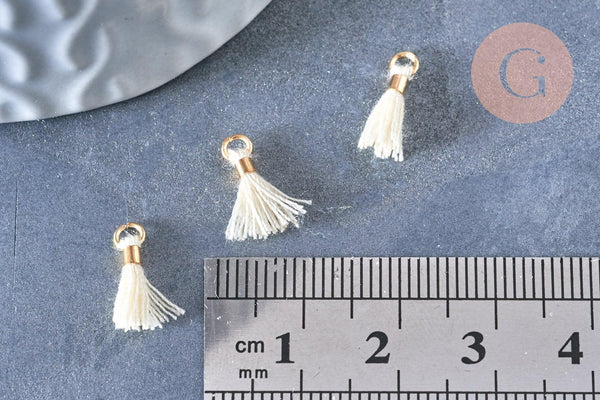 Pompon blanc écru polyestère support doré, pompon boucles,fabrication bijoux bohème,10-16mm, x5 (G4546)