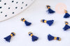 Pompon bleu foncé polyestère support doré,décoration pompon, pompon boucles,fabrication bijoux bohème,10-15mm, x10 (G5562)