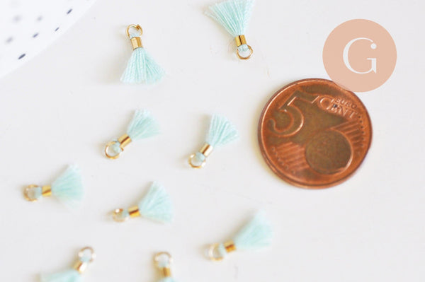 Pompon bleu turquoise polyestère laiton doré 10-15mm, x10 (G6220)