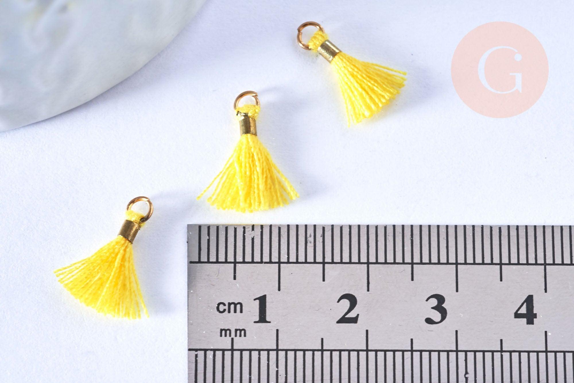 Pompon jaune polyestère support doré,décoration pompon, pompon boucles,fabrication bijoux bohème,10-16mm, x10 (G4262)