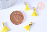 Pompon jaune polyestère support doré,décoration pompon, pompon boucles,fabrication bijoux bohème,10-16mm, x10 (G4262)