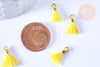 Pompon jaune polyestère support doré,décoration pompon, pompon boucles,fabrication bijoux bohème,10-16mm, x10 (G4262)