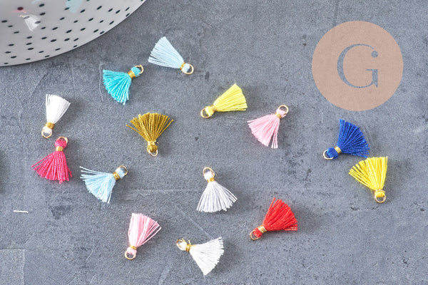 Pompon multicolore polyestère support fer doré 10-15mm, x5 (G4694)