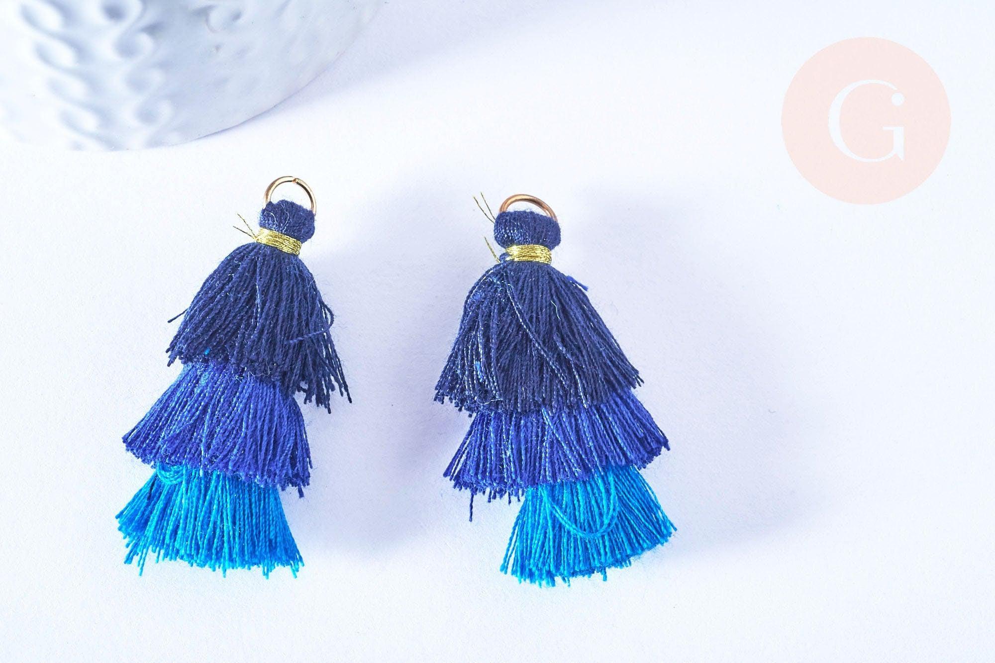 Pompon tricolore camaieu bleu coton 43mm, décoration pompon, triple pompon, boucles pompon, x1 (G2127)