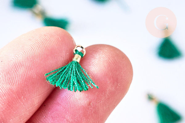 Pompon vert émeraude polyestère support doré,décoration pompon, pompon boucles,fabrication bijoux bohème,10-15mm, x10 ( G5563)