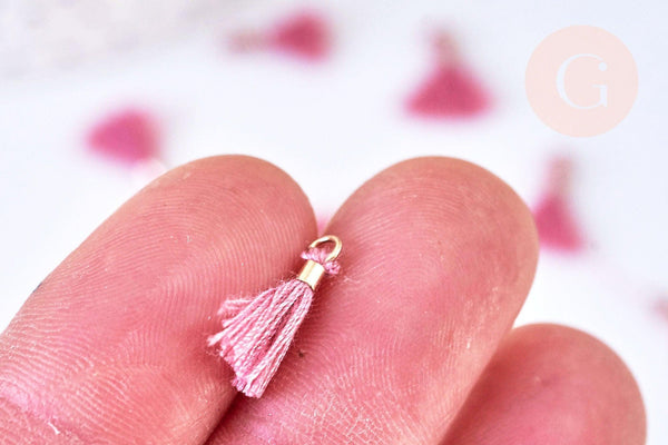 Pompon vieux rose polyestère support doré,décoration pompon, pompon boucles,fabrication bijoux bohème,10-15mm, x10 (G5567)