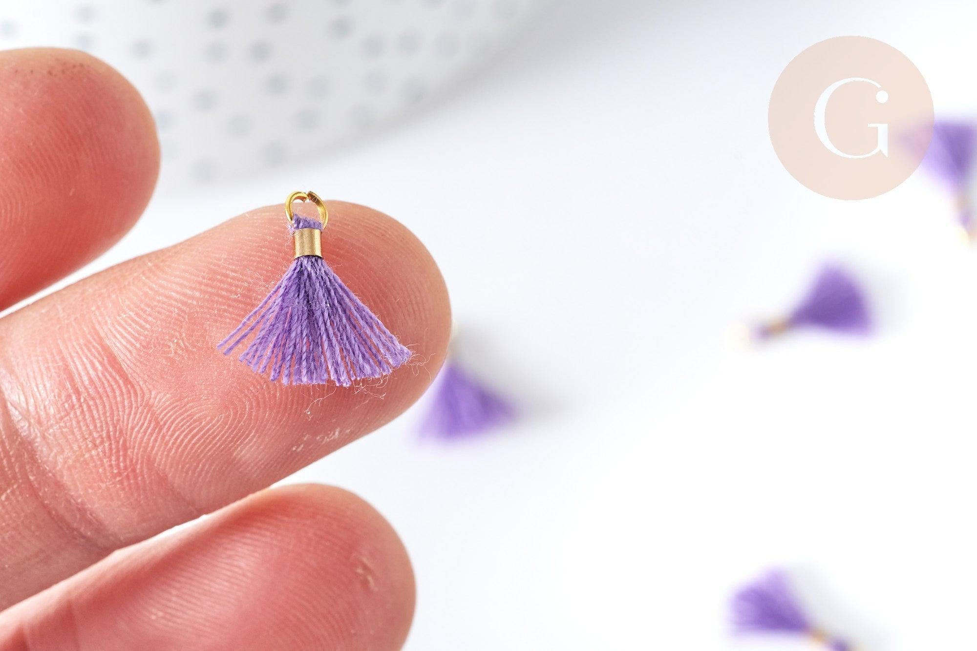Pompon violet polyestère support doré 10-15mm,décoration pompon, pompon boucles,fabrication bijoux bohème, x10 (G8220)