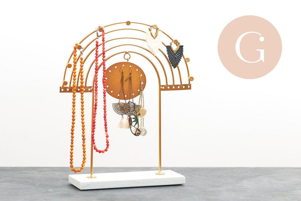 Présentoir à bijoux boucles d'oreilles Arc en ciel laiton doré marbre 27.5cm, x1 (G10248)