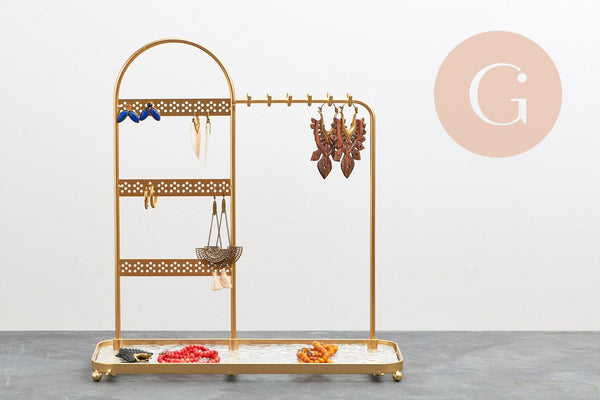 Présentoir à bijoux boucles d'oreilles et collier plateau acrylique fer doré 30cm, x1 (G10247)