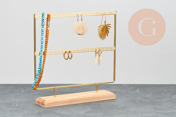 Présentoir à bijoux boucles d'oreilles laiton doré socle bois 25.25cm, x1 (G7468)