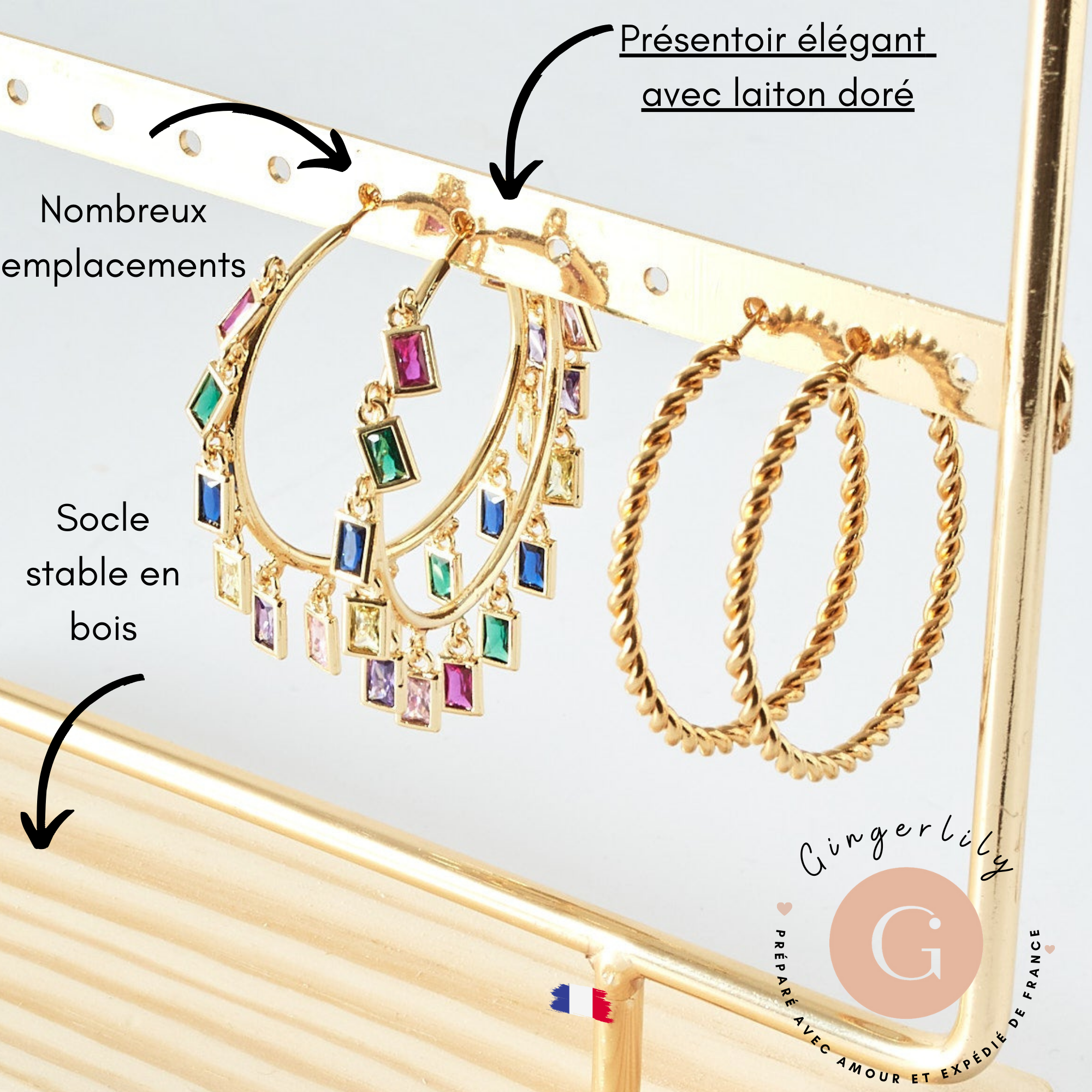 Présentoir à bijoux boucles d'oreilles laiton doré socle bois 25.4cm, x1 (G8378)