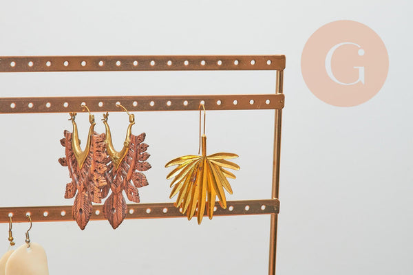 Présentoir à bijoux boucles d'oreilles laiton doré socle bois 35cm, x1 (G10713)