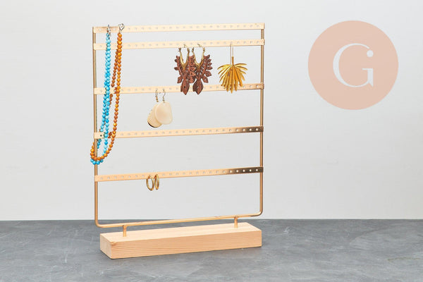 Présentoir à bijoux boucles d'oreilles laiton doré socle bois 35cm, x1 (G10713)