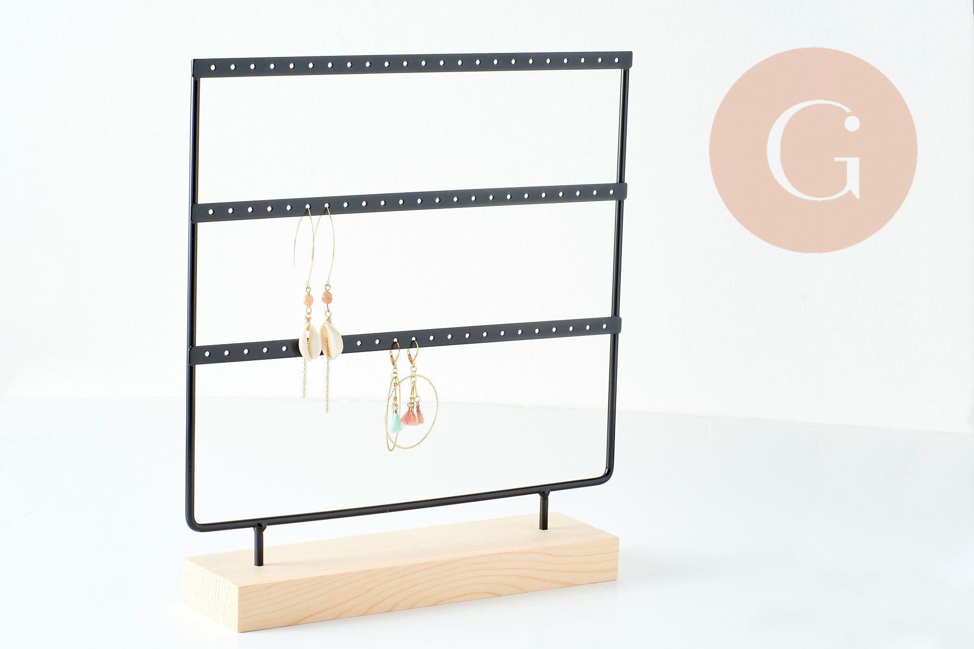 Présentoir à bijoux boucles d'oreilles laiton noir socle bois 28.5cm, x1 (G9453)