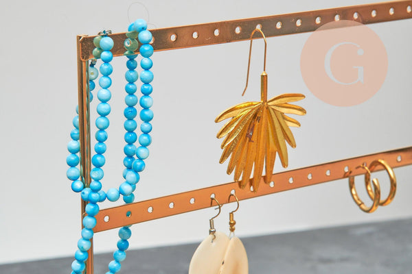 Présentoir bijoux boucles d'oreilles laiton doré socle bois, 20cm, x1 G6930