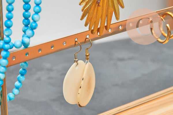 Présentoir bijoux boucles d'oreilles laiton doré socle bois, 20cm, x1 G6930