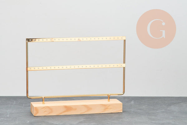 Présentoir bijoux boucles d'oreilles laiton doré socle bois, 20cm, x1 G6930