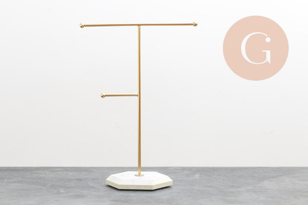 Présentoir bijoux boucles d'oreilles métal doré pied marbré 2 barres 26cm, x1 (G10245)