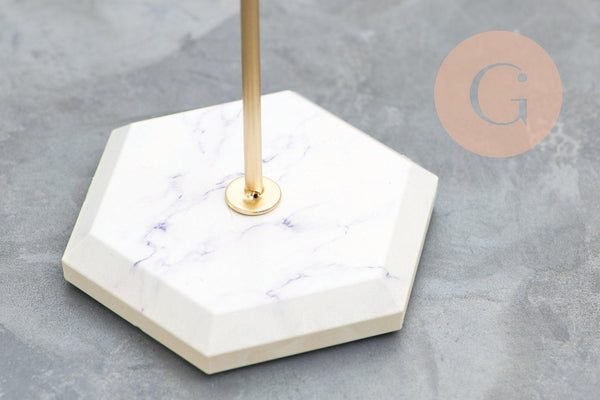 Présentoir bijoux boucles d'oreilles métal doré pied marbré 2 barres 26cm, x1 (G10245)