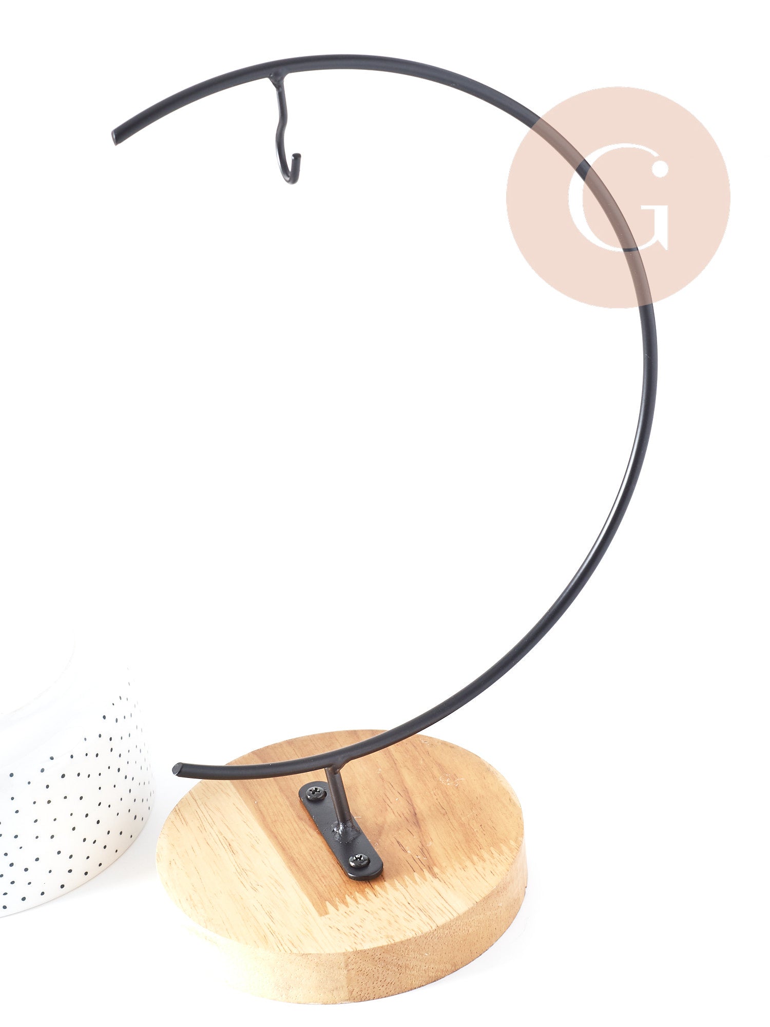 Présentoir ellipse bois et fer noir 11.5x28 cm, présentoir bijoux composition florale décoration, x1 G8985