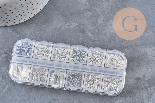 Boite Kit mix de 12 types de fournitures et perles zamac laiton Argent Platine, x1 (G8844)