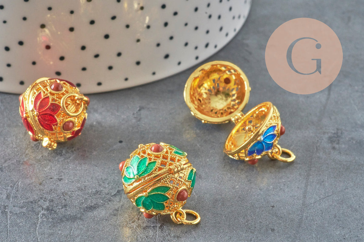 Pendentif cage pour bola harmonie doré émaillé 22mm, x1 (G3707)-Breloques et pendentifs-Gingerlily Perles
