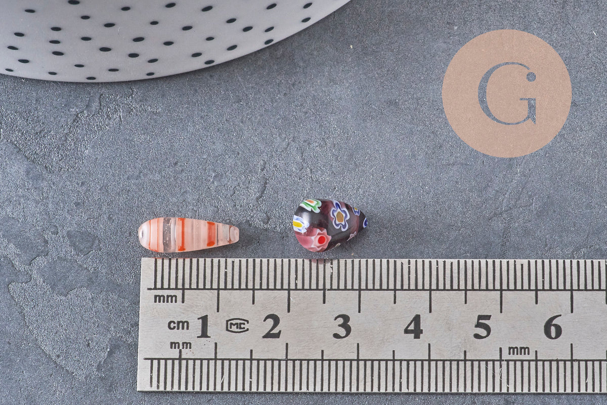 Perle a goccia vetro millefiori 10-17mm, perla in vetro artigianale per creazione gioielli, x5 (G1943)