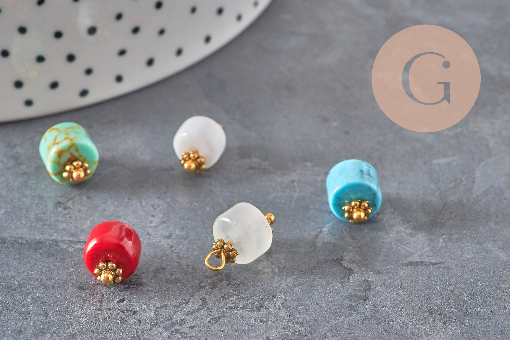 Natural stone charm pendant, gold-plated zamak 14.5mm, x1 (G7302)