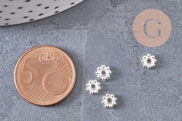 Rondelles fleurs laiton argenté, perles argentés, création bijoux, perles intercalaires, 5mm, x10 (G0946)