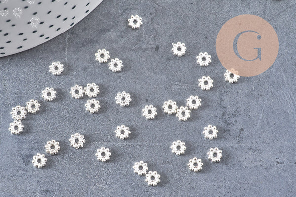 Rondelles fleurs laiton argenté, perles argentés, création bijoux, perles intercalaires, 5mm, x10 (G0946)