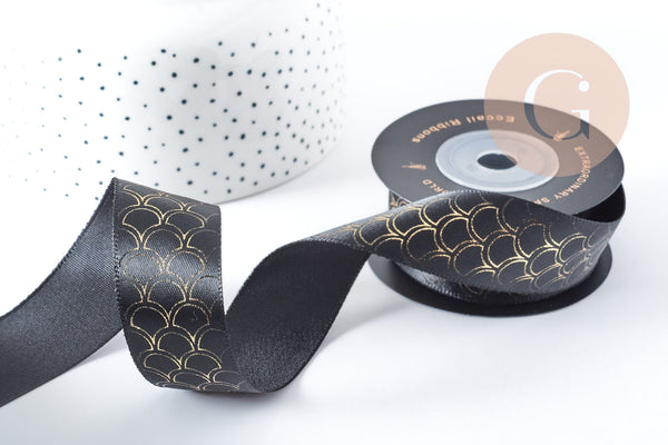 Ruban Satin Polyester noir écailles poisson doré 25mm, x1 mètre (G8919)